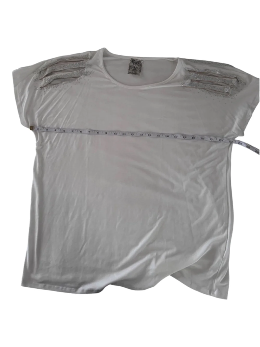 Women's VOCAL White Short Sleeve Tee with Silver Rhinestone Cutouts, Size L